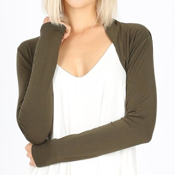 Zenana Ladies Dark Olive Long Sleeve Bolero Side Shirring Sleeve Cover Up Rayon - Picture 1 of 4